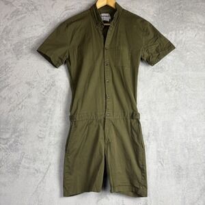 RomperJack Mens Short Sleeve Romper Olive Green Utility Button Front Size S